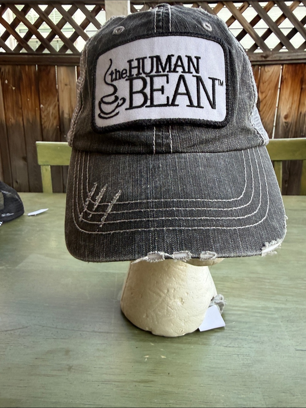 The Human Bean Coffee Trucker Hat Distressed Charcoal Mesh Back Adjustable Cap